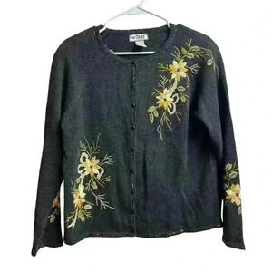 Tiara International Sweater Cardigan Small Black Embroidery Beaded